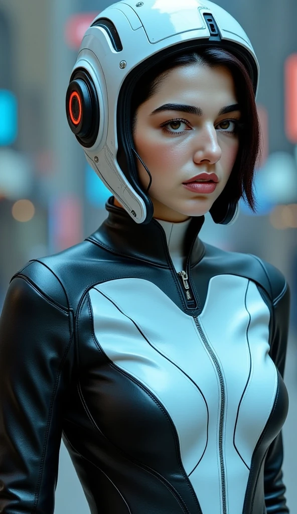 A woman in a futuristic suit with a futuristic helmet on