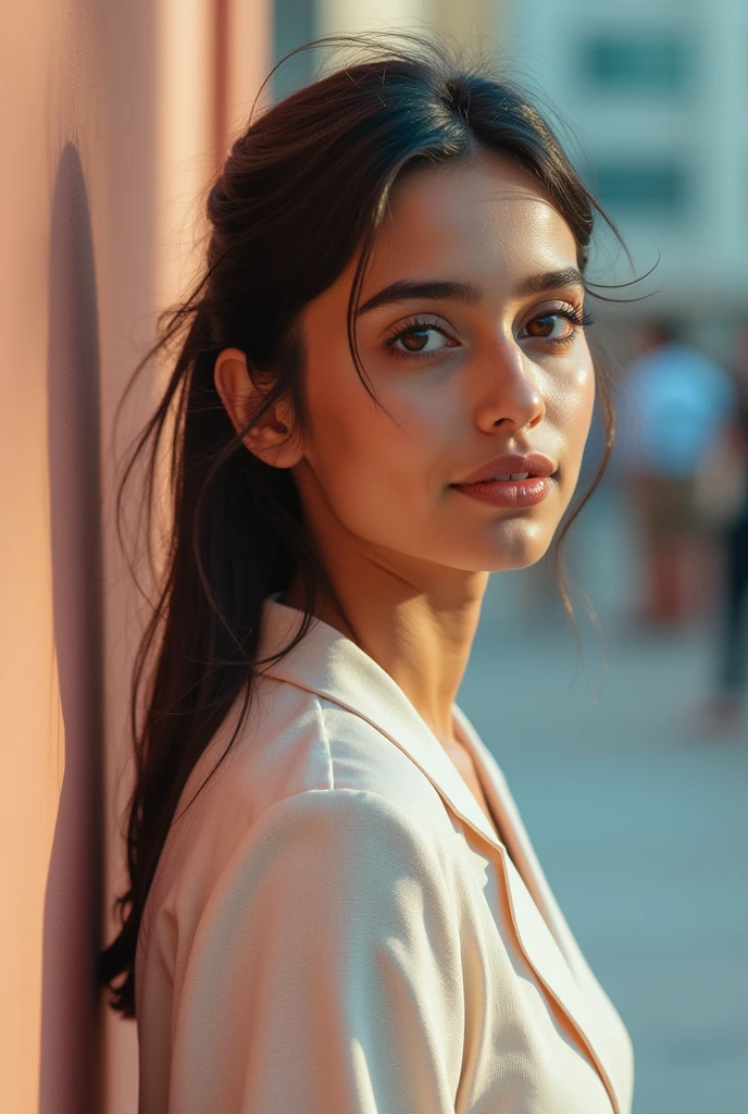Realistic photo, a portrait photo of 20 y.o Pakistani woman in casual clothes, big breasts with bra, city street, (high detailed skin:1.2), 8k uhd, dslr, soft lighting, high quality, film grain, Fujifilm XT3