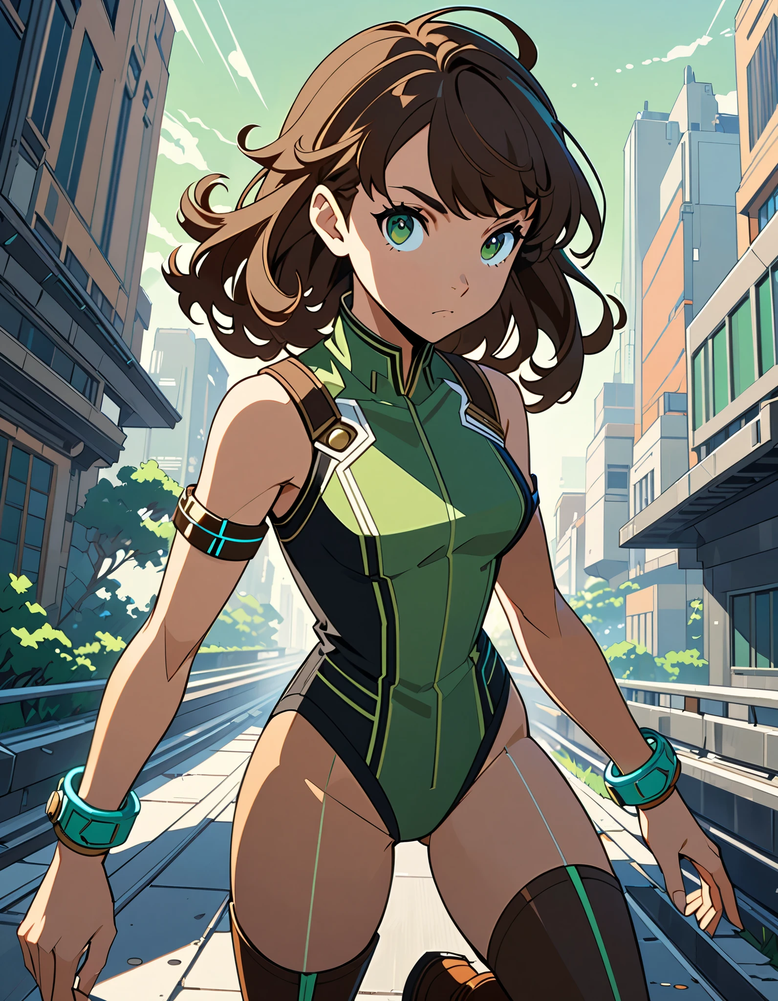 anime character of a woman with a short brown hair, neck length, green eyes, a digital painting inspired by Tomer Hanuka, trending on pixiv, serial art, heavy gesture style closeup, full body details, superhero, cowboy shot, wearing a leotard and matching boots, bare legs, bracelets , style anime, anime style hyper detailed, anime style character, striking detailed artstyle, clean detailed anime style, modern anime style, Brown Hair