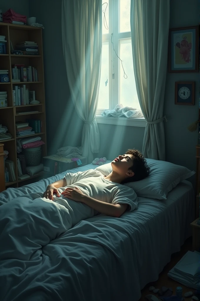 A boy sleeping peacefully in a Indian hostel room at midnight