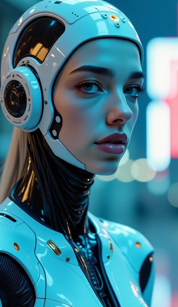 A woman in a futuristic suit with a futuristic helmet on