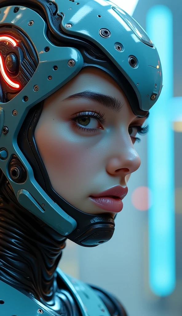 A woman in a futuristic suit with a futuristic helmet on