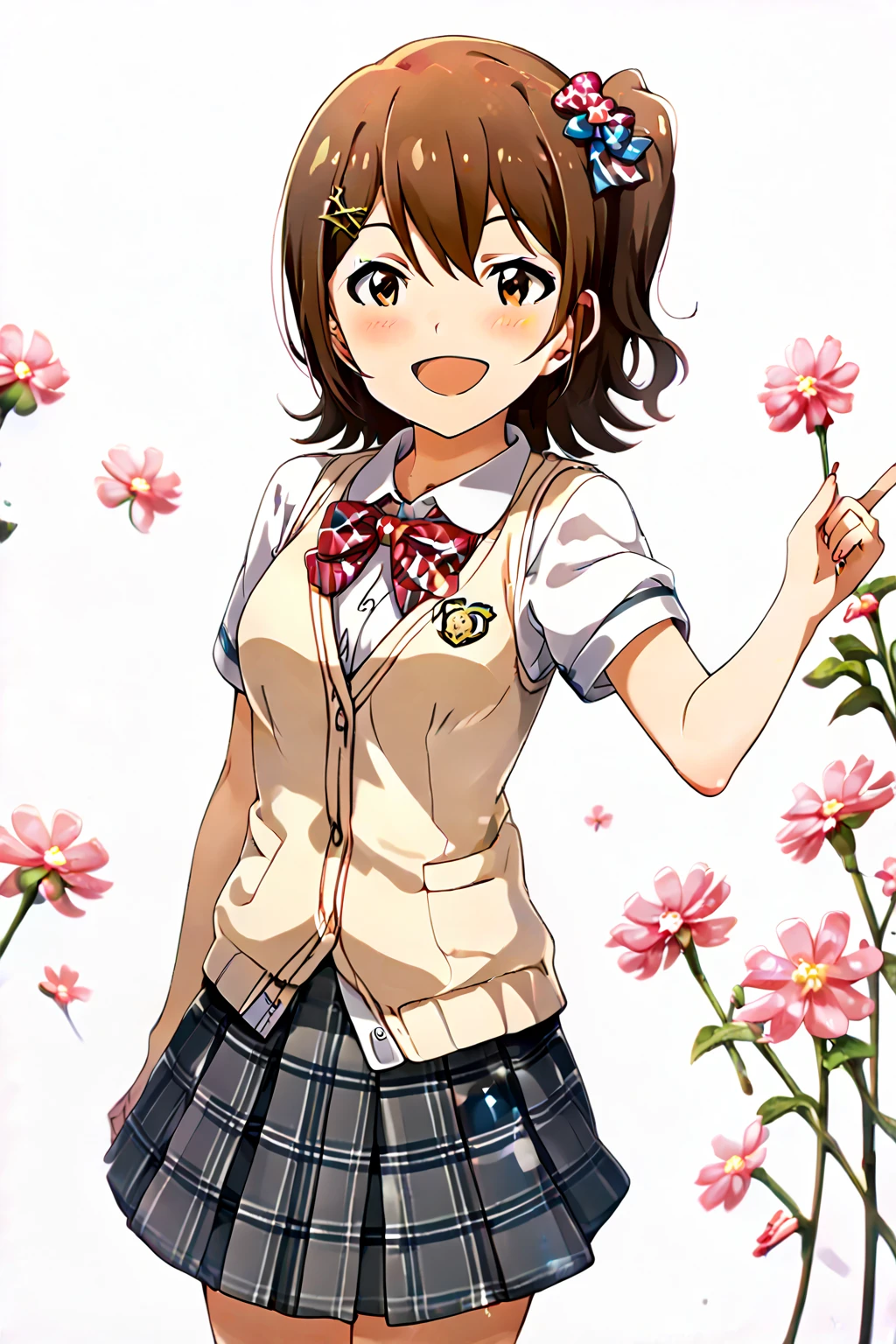 1girl, solo,
kasuga mirai, brown hair, brown eyes, short hair, 1girl, flower, solo, hair ornament, medium hair,
gyaru, skirt, white background, simple background, 
school uniform, looking at viewer, short sleeves, open mouth, bow, shirt, blush, plaid, pleated skirt, plaid skirt, sweater vest, white shirt, bangs, bowtie, grey skirt, full body, breasts, blue bow,
(masterpiece、Highest quality、Very detailed)), One girl, gyaru, medium Breasts, open mouth, smile, looking viewer,