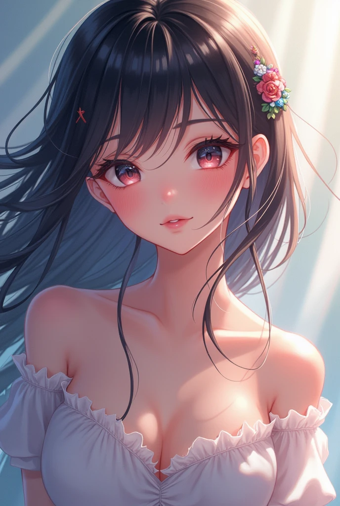 masterpiece, highest quality, One Girl, Thighs, beautiful girl, Flowers, たくさんの小さなflowerびら, flower、Small waist, RAWphotograph,Bright lighting、Face Light, Ultra-realistic, High resolution, photograph, Sharp focus, Highly detailed eyes and face,Symmetrical face, whole body、Large Breasts、Long Hair、チラリと見えるThighs、Emphasized cleavage、Red Micro Mini Skirt、White high heels、White lace shirt、Sleeveless、Her hair was tied with a big red ribbon、White high heels、Radio gymnastics