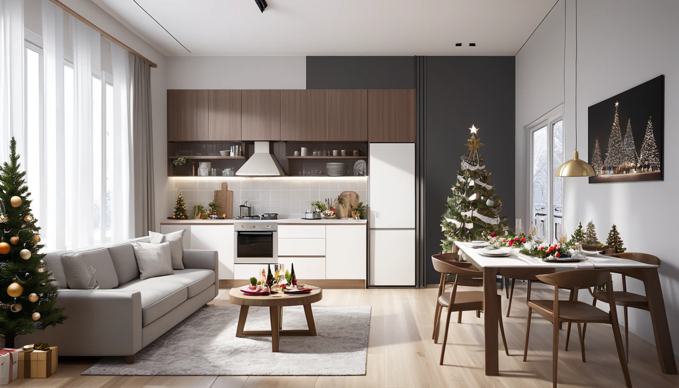 \there is a Small kitchen and living room with a couch,  apartment design ,  Modern apartment interior ,   BREAK I have a laptop in the cozy apartment  , rendering Vray , Modern and minimalist, Small kitchen,  vray rendering ,  rendered with vRay , Rendered with Lumion Pro,  minimalist interior design ,  ,   rendered in gray , 3 d  vray rendering ,  vray rendering ed\, (Today is Christmas.  A turkey that failed to cook is placed in the kitchen ,  A perfectly cooked roast turkey is displayed on the small dinner table、 champagne adds color ,  food waiting deliciously on a luxurious white tablecloth ,  BREAK A Christmas tree is placed in front of the bed 、 Decorated with a very charming ornament ,  Christmas decorations throughout the room It's a very fun atmosphere ,  colorful and colorful decorations , Passionate red ,  refreshing green ,  white reminiscent of snow ,  Christmas color placed next to the present adds color to the whole,  A gift decorated with ribbons on the bed ,  BREAK the dark room with the lights off of the Christmas tree and 、 and the moonlight shining through the window creates a fantastic space ,  The next Christmas for two ..., The DAIKON , 