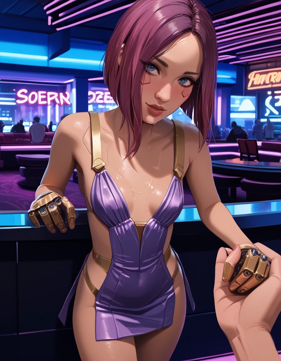 POV NSFW renders of songbird. fancy gold short dress, shapely legs,, pulling in close, ,grabbing the viewers hand, up close, pov, steam, blushing, ,  ,cyberware ., anime, female , , ,,Songbird,,, thighs,, , , (pixel sketcher:1.4),, masterpiece, handholding,    ,pale skin, detailed Bonifasko lighting, [crepuscular ray], best details, purple shorter hair,, real life,, , depth of field, detailed background], cyberpunk high society cocktail party, casino, city at night , fog,female focus, wet, ,skinny, ,pubic hair, hdark lighting, , solo, dirty textures, glowsticks flashing, . , female focus,, ,,  1girl, , .,female, (Songbird cyberpunk 2077 ), (Songbird:1.2), seductive gaze, femme, , ,,small breasts, ,breast sag , clear details, (, realistic textures, , gloves, , 1girl, one girl, 1girl,jiggle, , delicious shading, life-like rendering, cybernetics, back cybernetics, 
