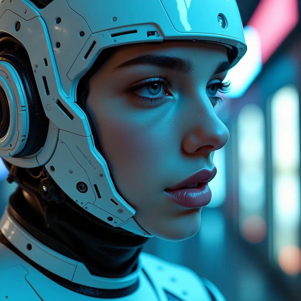 A woman in a futuristic suit with a futuristic helmet on