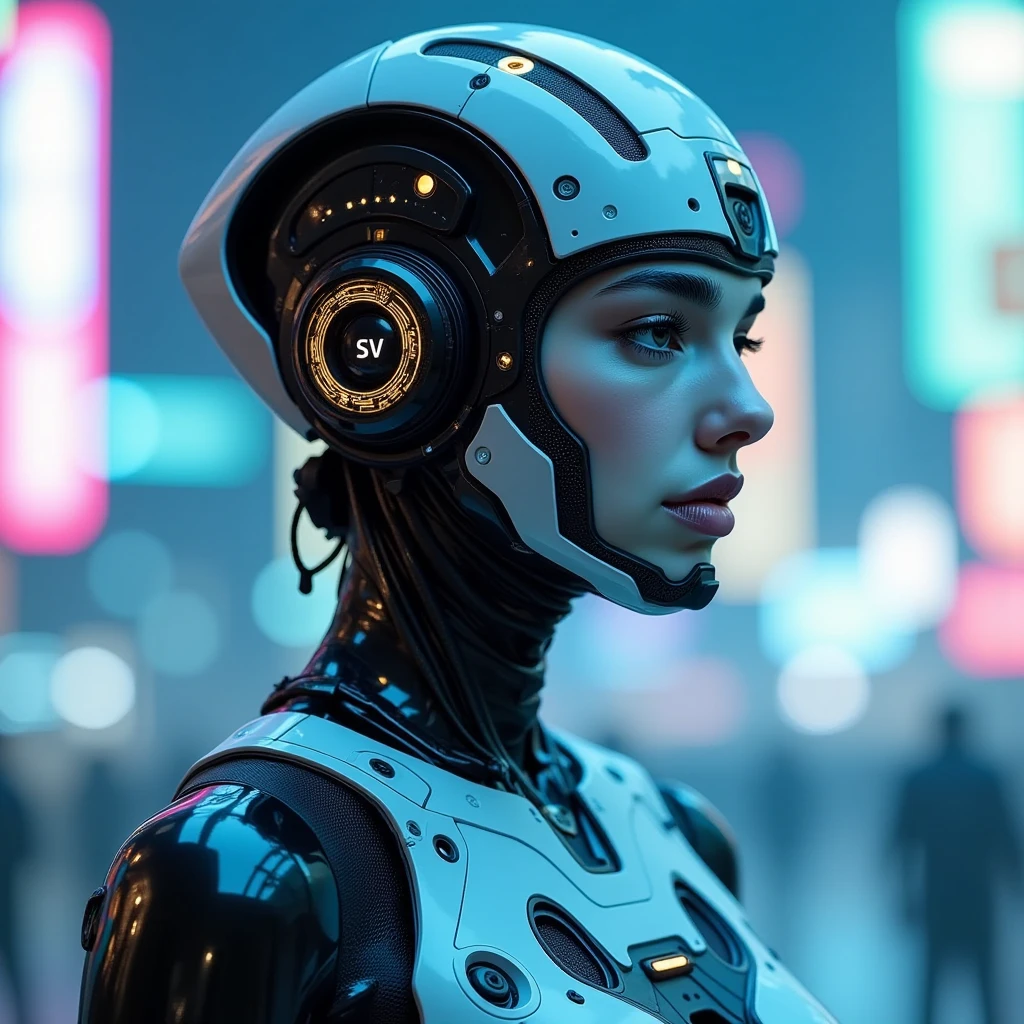 A woman in a futuristic suit with a futuristic helmet on