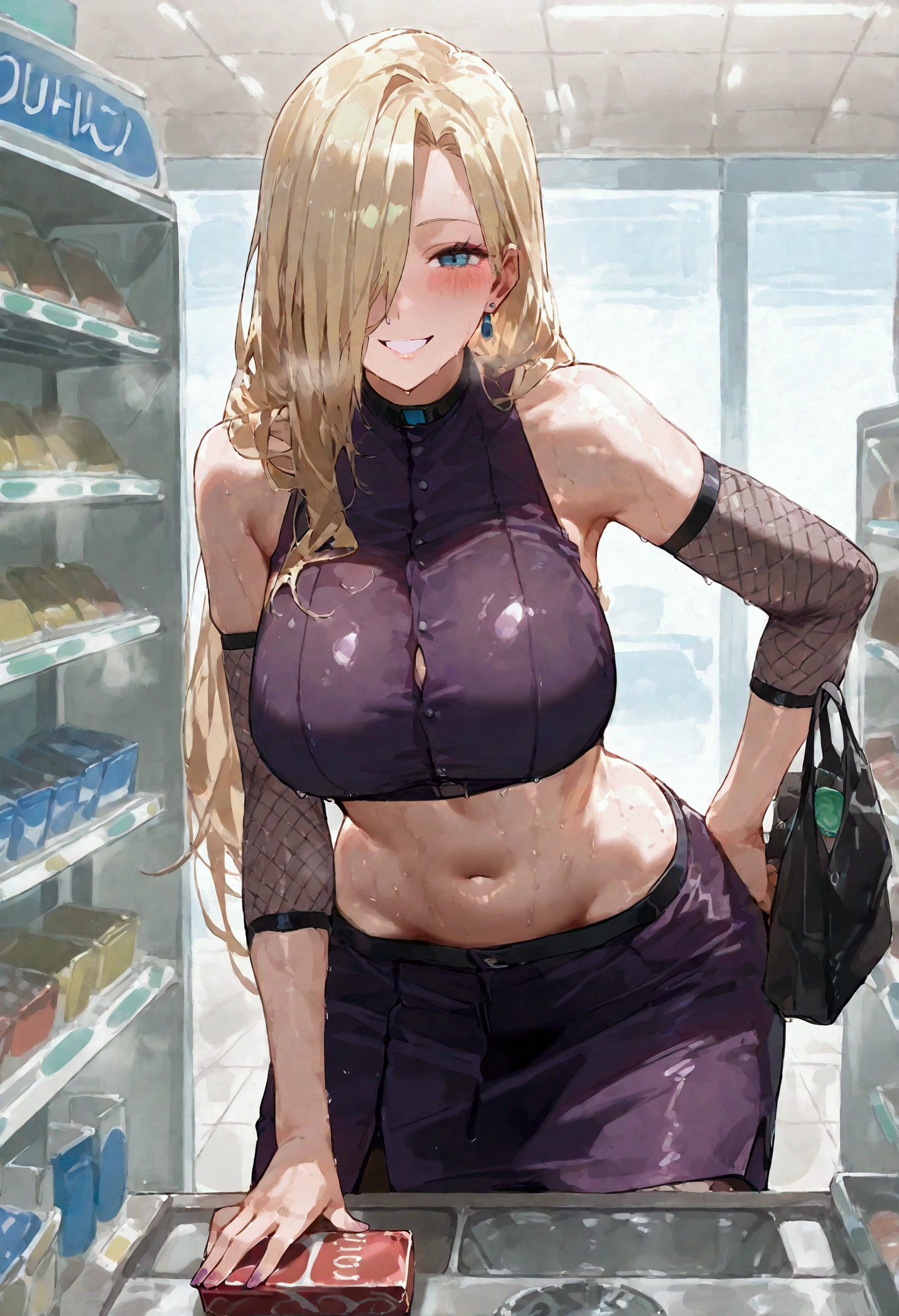 InoLongHairShipuuden, 1 girl, midriff, blonde hair, hair over one eye, large breasts, fishnets, blue eyes, purple crop top, bare shoulders, navel, purple skirt, groin, cowboy shot, 1 girl, full body, blush, in a convenience store holding a condom box in one hand, tight chest, shiny skin, closeup, condom box, open mouth grin, holding a bag filled with condom boxes in other hand, messy hair, slightly sweaty, covered in semen, cashier