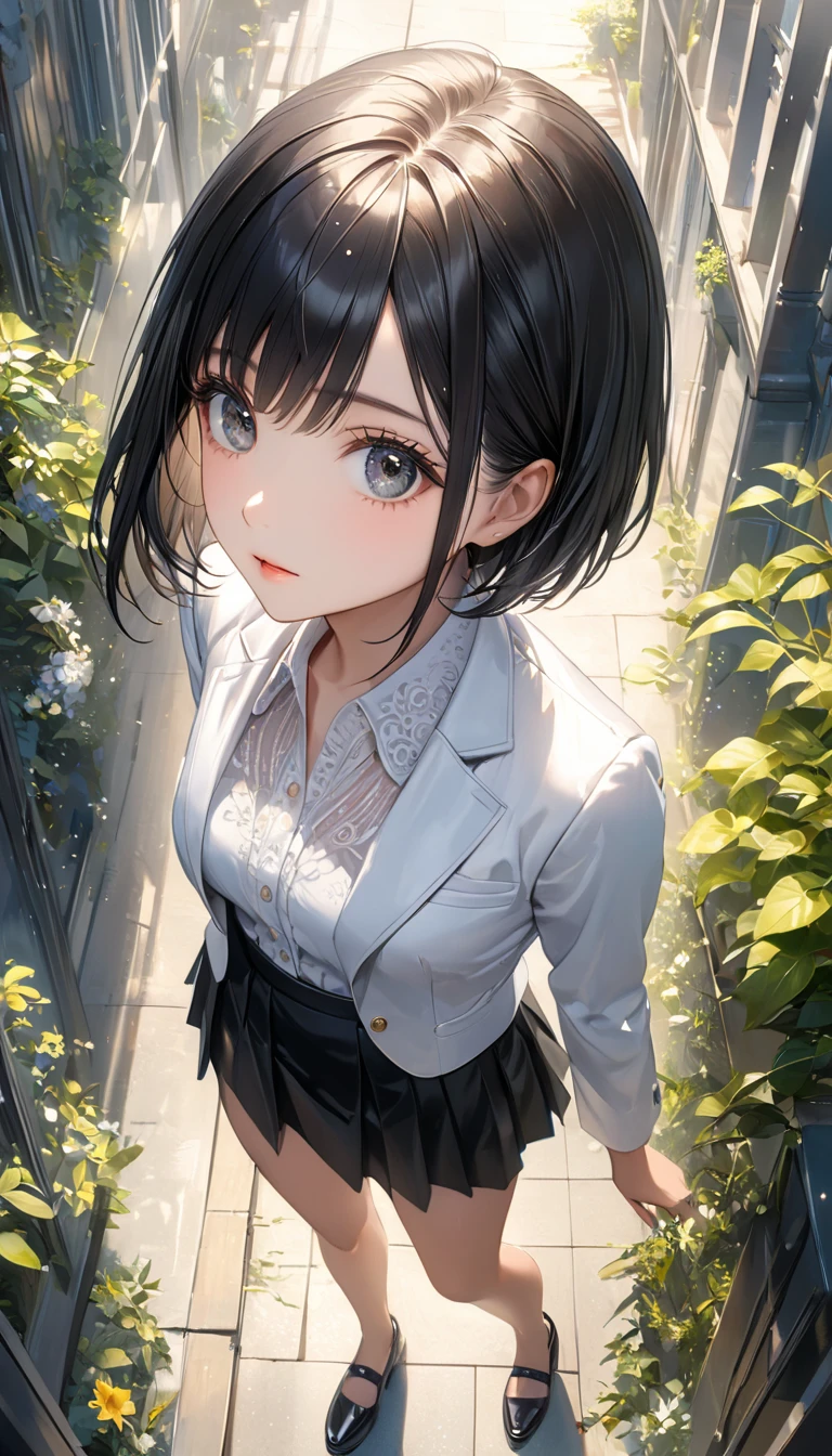 absurdres, RAW photo, extremely delicate and beautiful, masterpiece, Best Quality, ultra high resolution, 32k, hyperrealistic, ultra-detailed, perfect figure, tearful mole, earring, whole body shot, short medium hair, wavy hair, collared button-down shirt, blazer, skirt,