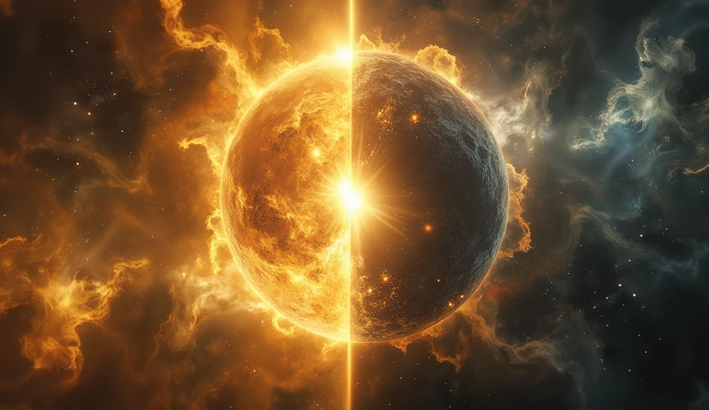 A visual depiction of the separation of light and darkness, showing a clear contrast between a glowing side and a shadowed side, representing day and night, inspired by Genesis 1:4-5.