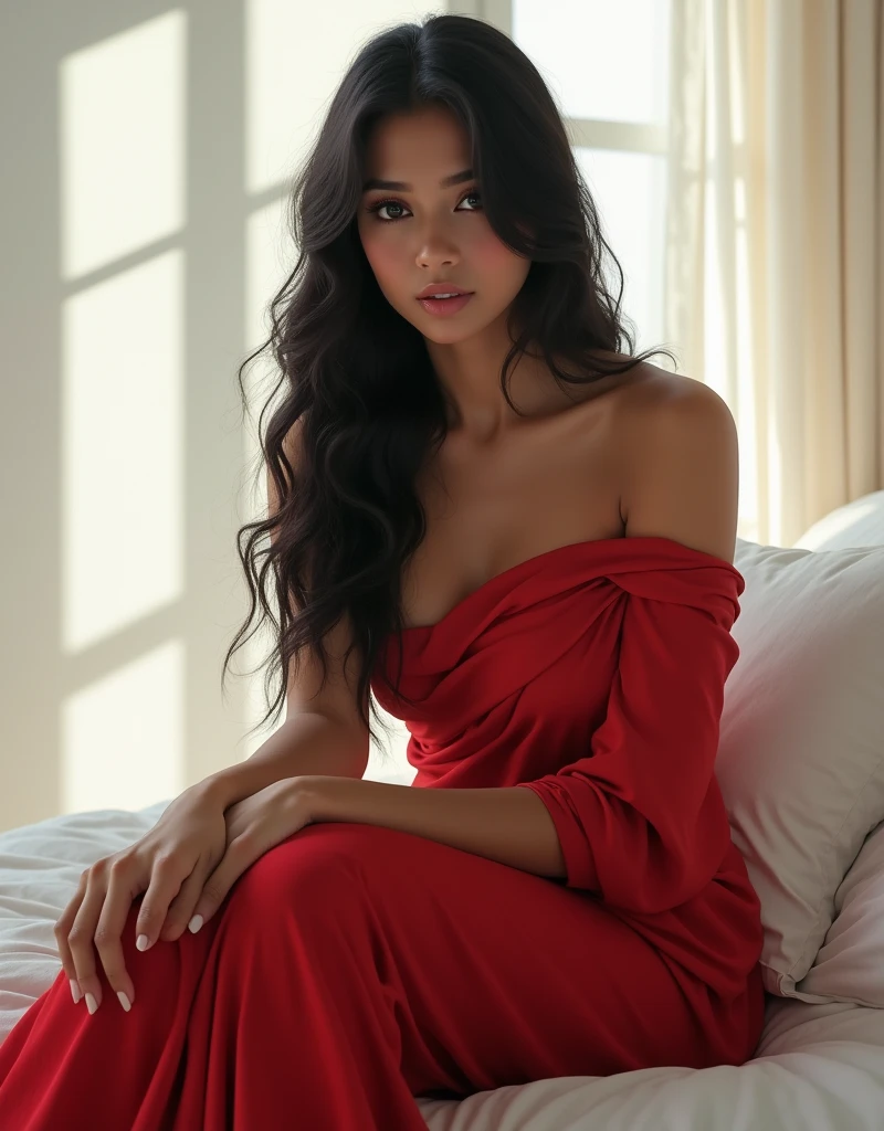 Beautiful Latin girl, Mexican, brunette, dark long hair, laying on the bed, wearing a red and short dress.
