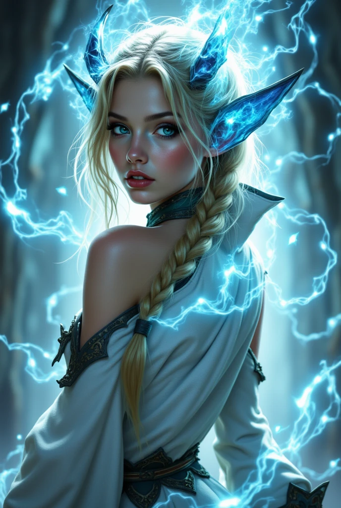 world of warcraft alleria windrunner in the void, wearing white, deep blue eyes, Masterpiece, High Resolution, platinum blonde, long thick braided hair 