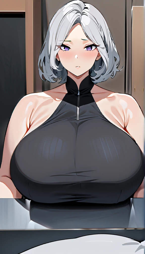 (masterpiece, Highest quality:1.2), shape, 8k, High resolution, 1 girl, , (((Gray Hair))) Huge breasts, Black trousers, indoor, (task:0.5), expensive, mature, elegant, Black gloves, Upper Body,