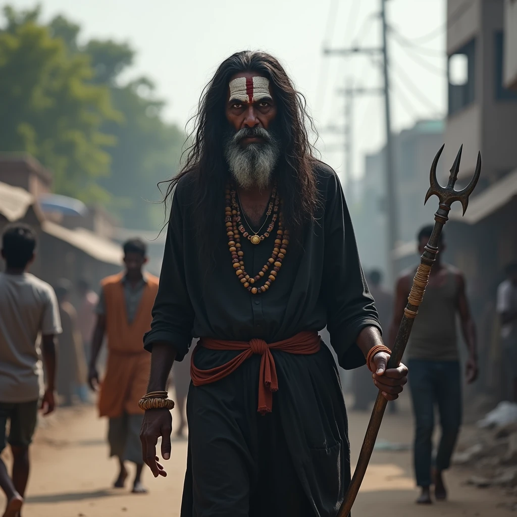A indian Villan like Face bloody clothes and Bloody hands Holding up a Bloody Machete Over The Standing Goat neck and blood is all over on Ground written Eid Mubarak on Ground By Blood