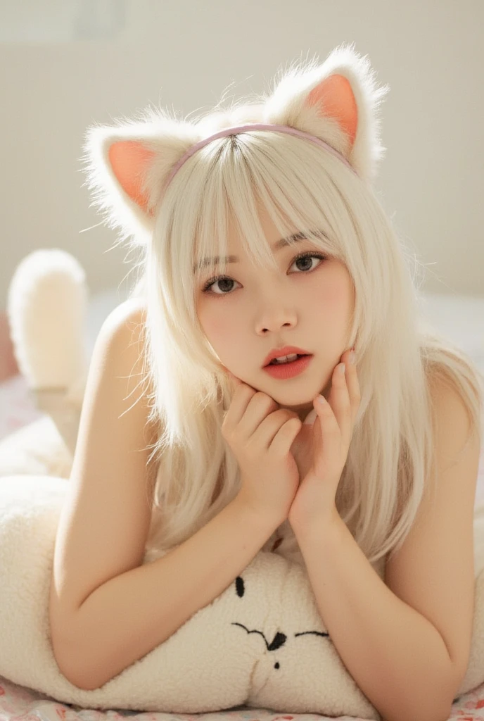 There is a woman who is lying on a bed with a cat ear, Chica gato atractiva, muy hermosa linda catgirl, chica anime cosplay, chica gato blanco, hermosa joven gatita, chica anime seductora, chica anime en la vida real, anime cosplay, muy hermosa chica gato anime, nekomimi, barbie anime en medias blancas, Ayaka-Cosplay, hermosa chica gata anime