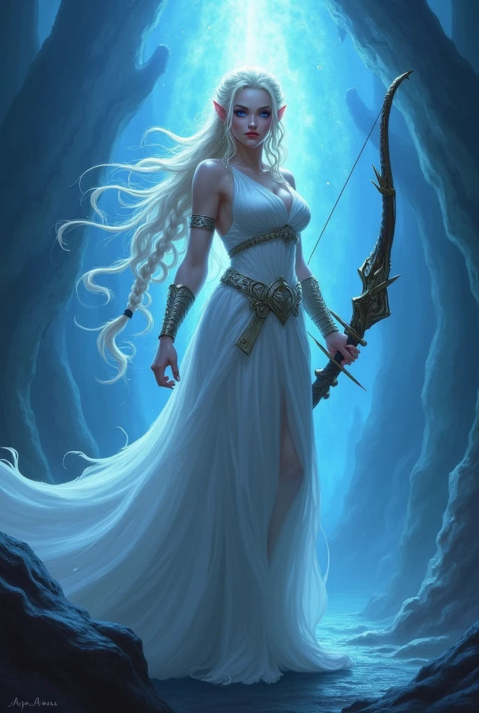 world of warcraft alleria windrunner in the void, wearing white and holding a void longbow, deep blue eyes, Masterpiece, High Resolution, platinum blonde, long thick braided hair 