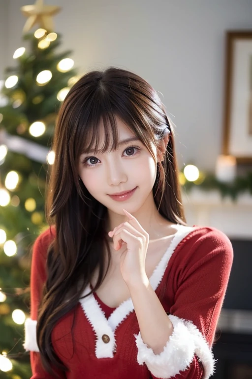 A Japanese model in a bright red Santa cosplay poses for a photo shoot、Bright red outfit、Santa Dress,  looking at camera、Detailed and beautiful eyes、 cute smile、 soft and gentle expression 、 Christmas tree in the background 