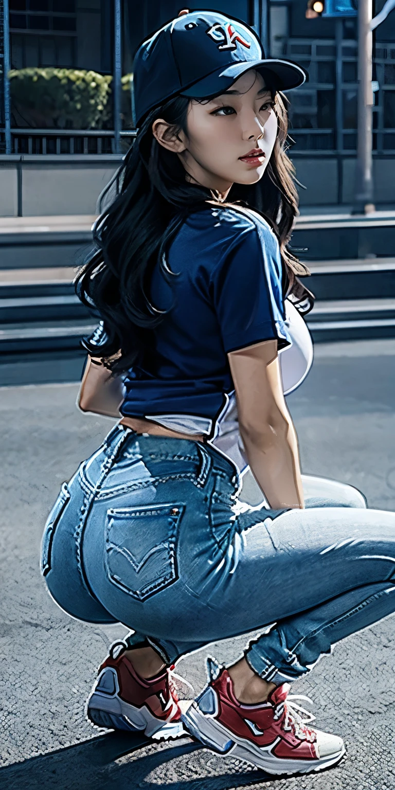 8k HD good quality image. Hot Korean woman has an ideal body, big breast, big butt, sexy wavy body, wavy long hair, wearing blue baseball tight polo, tight skinny blue jeans, blue baseball cap, and blue sneakers. FULL BODY FROM HEAD TO TOE. ON HER KNEES IN A FULL HEIGHT FROM HEAD TO TOE.
The picture must show a complete head to toe picture of the hot Korean
