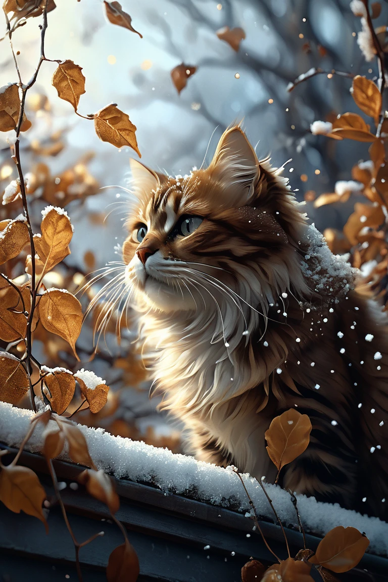 Midjourney, MJ, Midjourney style, poster, light background, close-up, mj, RTX, 4k, HDR, Anna Razumovskaya, Casey Baugh, Antonio Mora, Aminola Rezai, Giovanni Boldini, art, realistic art. cat, first snow, flakes, partial snow cover, film still, breathtaking, falling leaves, melancholic mood, nature's farewell in the rustling of gusts of wind, photorealism, film grain, film still, bokeh, intricate detail, perfect composition, beautiful detailed complexity Insanely Detailed Octane Rendering, 4k Fine Art Photography, Photorealistic Concept Art, Soft Natural Volume Cinematic Perfect Light, Chiaroscuro, Award Winning Photography, Masterpiece, Oil on Canvas,