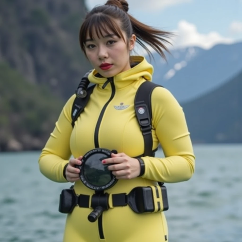 A documentary photo, Photo-realistic, ultra-realistic, (Japanese beautiful young woman, famous Japanese idol, boyish cool face:1.3), wetlook rubberish pink clothes,, she is a military diver of Japan navy, experienced military diver, wearing a professional wetsuits for military diver with professional scuba equipment, She is on a shlre, She is preparing to scuba dive for a lifesaving mission, there is a large battle ship behind her,, Natural Makeup, boyish face ,Front View:1.21, Perfect Anatomy:1.21, Small head:1.21, Slender body:1.37, Narrow waist:1.5, Thin limbs:1.5, Flat Chest:1.5, Anatomically correct limbs, Diving Suits warm  wetlook (high  collar, downed hood), Fully equipped for diving, Very cute Japanese woman, Brown Hair, Chignon Hair, Calm sea in qinter, Dynamic and emotional movie lighting, 