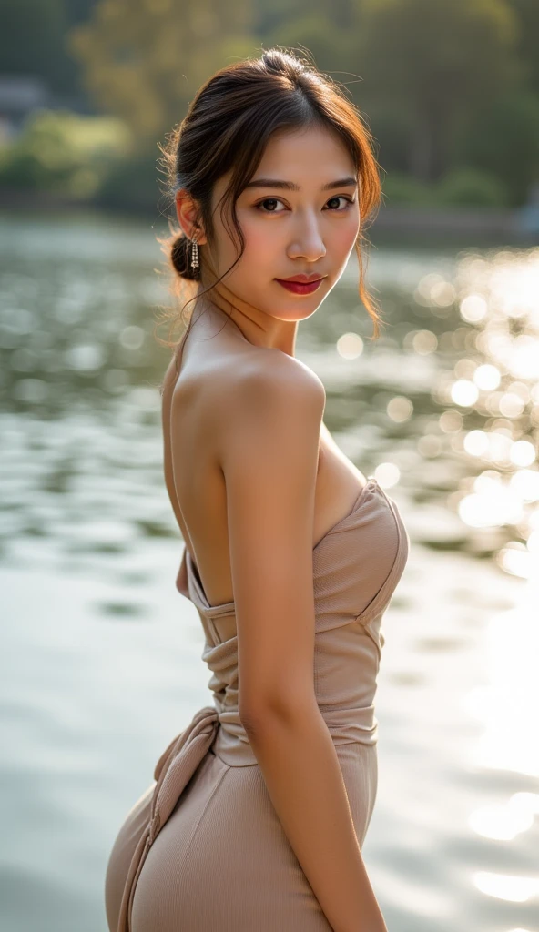 A stunning East-Asian woman with a graceful, confident expression stands near a calm waterfront. She is wearing an elegant, form-fitting beige gown with intricate draped fabric and a plunging neckline, accentuating her curves and smooth silhouette. Her hair is styled in a loose updo with soft strands framing her face, and her makeup features bold red lips and subtle smoky eyes. The sunlight reflects on the water behind her, creating a serene and luxurious atmosphere. Her posture is poised, and she gazes directly at the viewer with confidence and beauty.