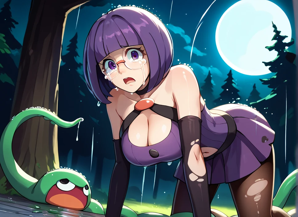 score_9, score_8_up, score_7_up, score_6_up, source_anime, 1girl, solo,  shauntal, purple hair, blunt bangs, bob cut, purple eyes, round glasses, black capelet, large bow, purple shirt, collarbone, cleavage, buttons, purple skirt, long sleeves, black gloves, elbow gloves, black pantyhose, huge breasts, night sky, night, forest, eyelashes, bare shoulders, sleeveless, elbow gloves, dress, striped dress, halterneck, choker, hair ornament,

  perfect lighting, best quality, masterpiece, light rays, professional photograph, perfect quality, gorgeous lighting,  masterpiece, concerned, tears, thicc, open mouth, bare shoulders, perky breasts, skin, high quality, Thicc, outside, raining, cleavage, looking at viewer, forest, night, crying, tentacles, defeated, crying, tears, torn clothes, ripped clothing, no strap, belly button, puddle, tentacle grap writs, slimy, wet clothes, on all fours, full moon, held down, penetration, forced, penetrate, defeated, weak