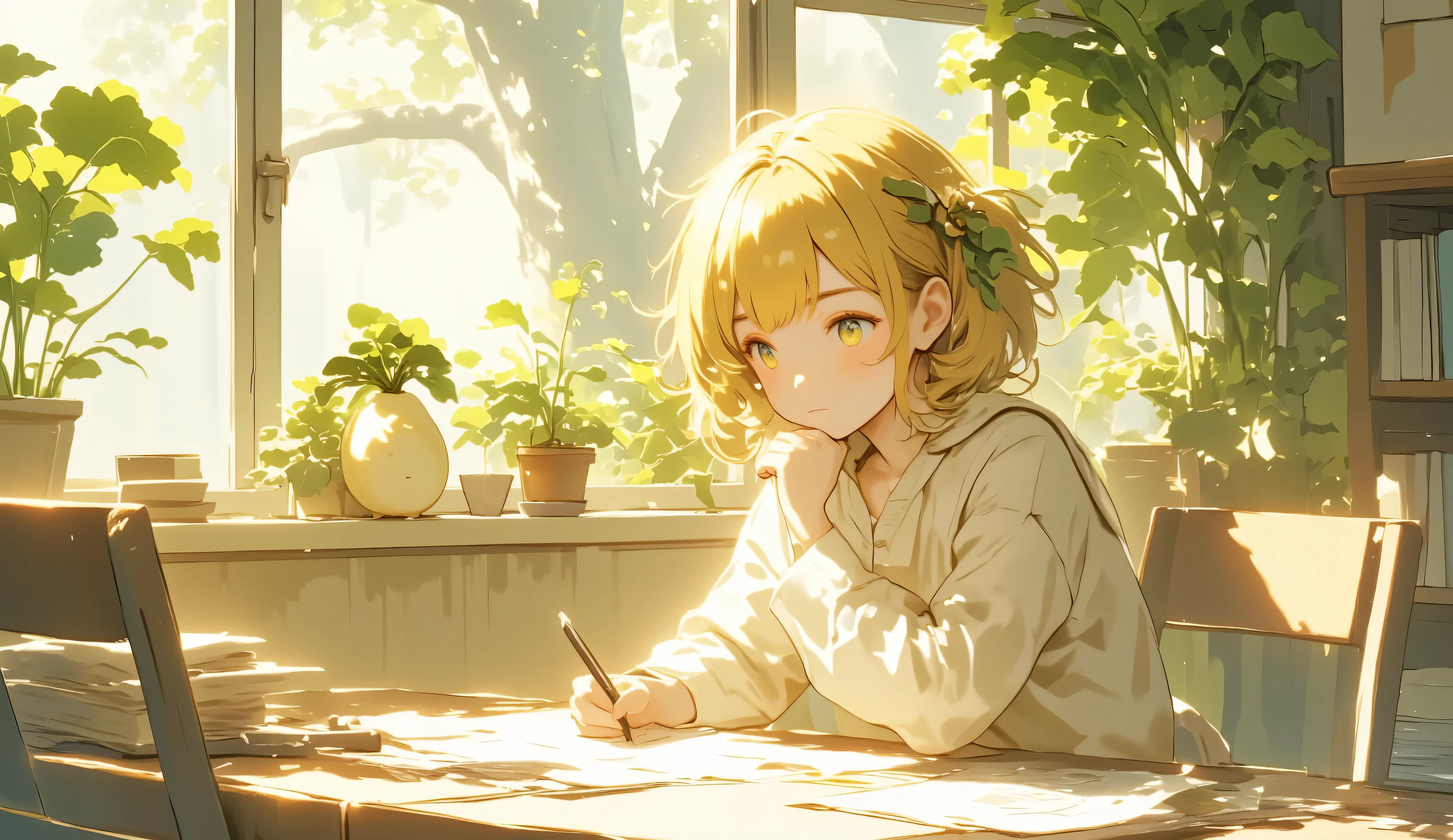 One Thursday afternoon, Beautiful sunlight shining through the trees in the garden.A girl peeks into the room through the window and sees a live Daikon radish, champagne color illustration, Φ, Universe, A living Daikon radish is writing a letter to his first love at his desk, Illustration with saffron yellow as the main color, Potsdom, sunshine yellow illustration, for day one, calm atmosphere, Gesellschaft, Society, Exppressive