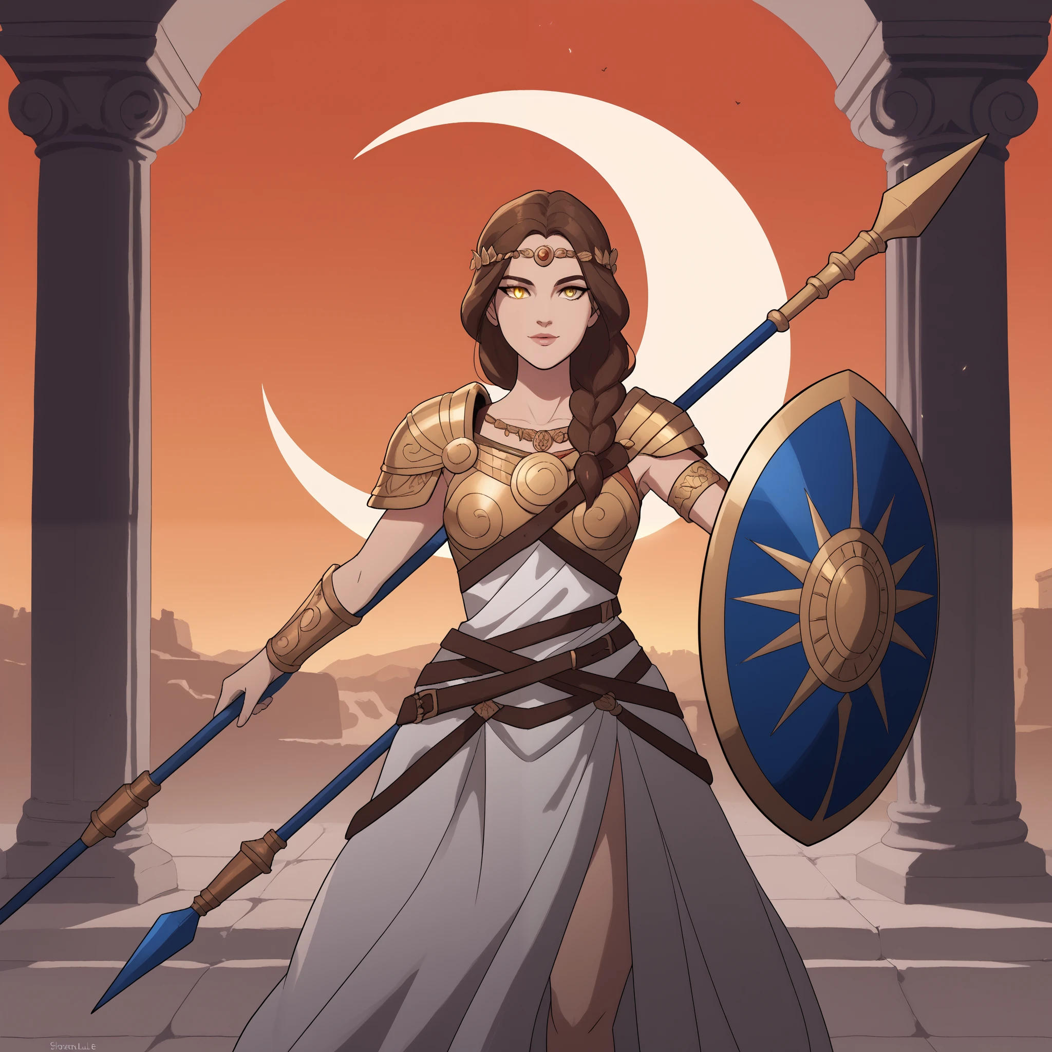 A powerful and heroic depiction of Hypolita, the Greek warrior who fought Herakles. She stands with flowing brown hair that frames her sharp features, her piercing gold eyes glowing with intensity and resolve. She wears ornate bronze armor with intricate Greek patterns, including a breastplate, bracers, and a flowing battle skirt. In one hand, she wields a long, elegant spear, while her other hand grips a shield bearing the emblem of a golden crescent moon. The background is an ancient battlefield, with the ruins of Greek columns and a fiery sunset casting dramatic shadows across the scene. Her posture is one of readiness and defiance, capturing the essence of her bravery and strength.