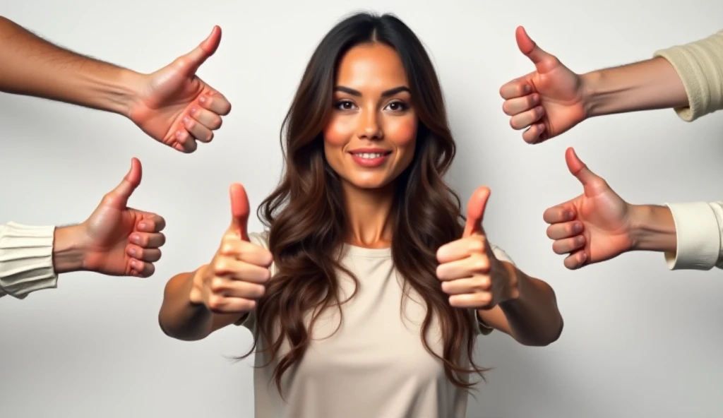 An ultra-realistic 3D render featuring a naturally beautiful French woman (40 years old, tanned skin, perfect eyes, long beautiful hair), slightly off-center, displaying a confident thumbs-up. Thumbs-down gestures are arranged around her in a dynamic composition, highlighting her resilience and independence. The lighting is bright and even, emphasizing the strength of her pose.