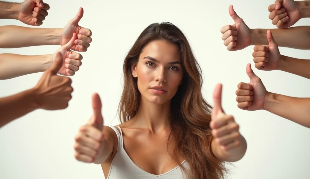 An ultra-realistic 3D render featuring a naturally beautiful French woman (40 years old, tanned skin, perfect eyes, long beautiful hair), slightly off-center, displaying a confident thumbs-up. Thumbs-down gestures are arranged around her in a dynamic composition, highlighting her resilience and independence. The lighting is bright and even, emphasizing the strength of her pose.