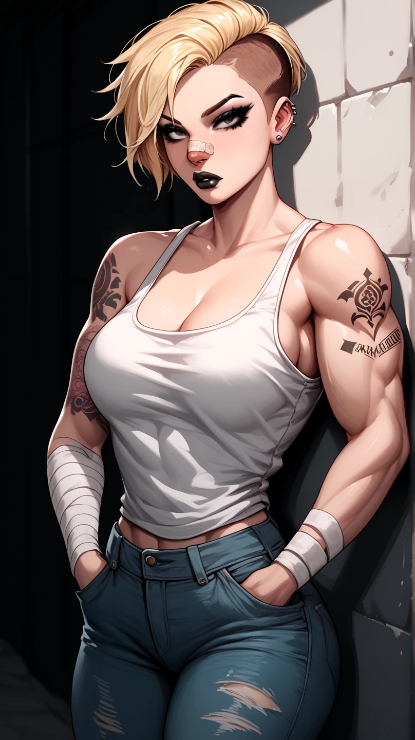 A mean looking woman with blonde short undercut hair, wearing a white tank top and ripped jeans, black makeup, black lips, bandage on nose, tattoo on arm, muscular, leaning against the wall in the alleyway, hands inside pockets