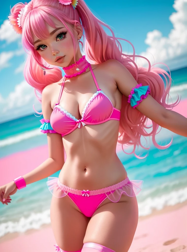 (masterpiece), best quality, expressive eyes, perfect face, (Belle Delphine at a beach), (beach background), (walking), (smirk), (closeup view), (1girl, age 18+, Belle Delphine, Belle Delphine face, fair skin, pink hair, straight hairstyle, blue eyes, hourglass figure, thin body, skinny body, petite_body, short height, small breasts, wide hips, thick thighs), (tight fit outfit, extra small outfit, light_blue string microbikini, exposed sideboobs, exposed underboob),