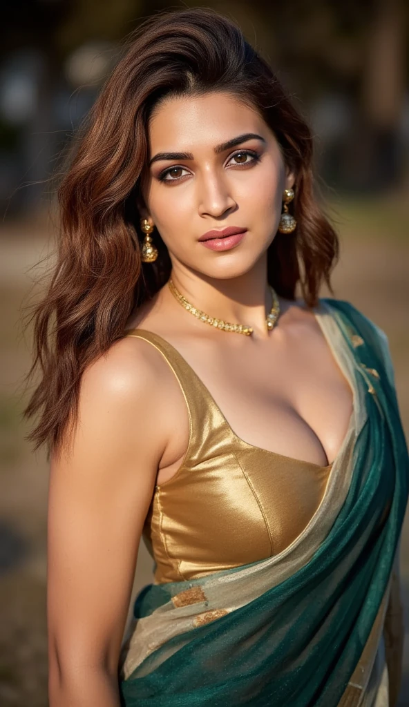 A 25yr old Indian busty pale detailed white skin woman(bimbo body physique), tight sleevless blouse shiny metallic dark green satin saree on a plain metallic gold  arm short arm sleeveless blouse  upper cleavage,Hands stretched up showing dark hairy armpits,very long hair,large breasts, tight blouse and tight saree,makeup,brown hazel eyes,thin shaped eyebrows and cute long eyelashes, make-up,Large breasts,pink eyeshadow,black smoky mascara,Hyperrealism, bimbo facial features,Accurate, tight blouse, accurate 