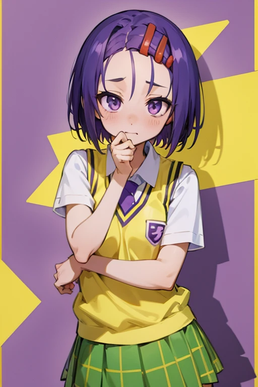 Haruna Sairenji, girl、 one girl 、Hair Accessories, Hair Clip, (Purple eyes:1.1), Purple Hair, short hair, Swept-apart bangs, (forehead:1.2), white shirt, Sweater vest, (Yellow vest:1.1), Short sleeve, Checkered skirt, Green Skirt, Short sleeve,Best Quality,embarrassed