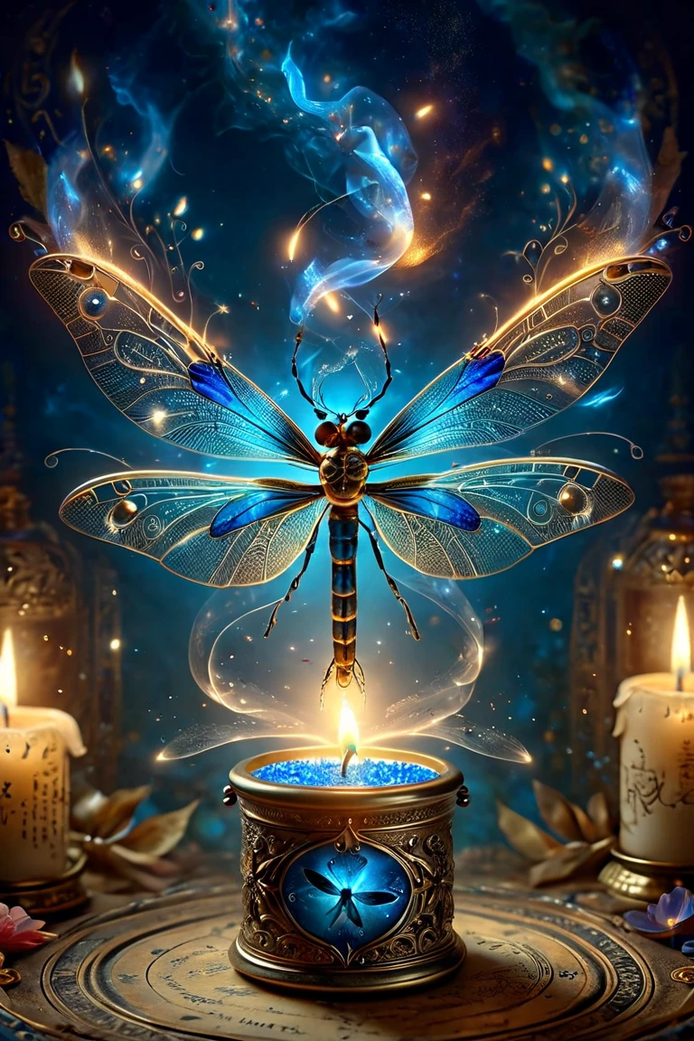 Made by AIS-RCN, 8k photo, "words, Like a dragonfly with wings of blue flame, Popping out of an antique candle, Turn thoughts into delicate works of art.", Supple, Side light, Dragonflies have two wings, one on each side、Fantastic colorful background