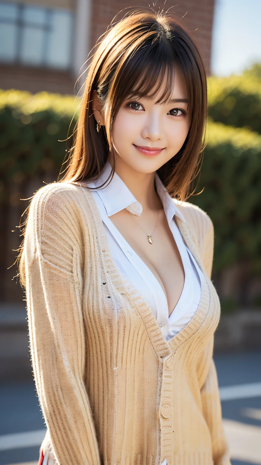 (high school girl sweater uniform : 1.5), (upper body : 1.5), bangs, smile, (School Background : 1.5), (Blonde : 1.5), young and adorable Japanese face, Official Art, high definition CG Unity 8k wallpaper,Ultra high definition ,Very detailed, half photos with Brazil, high definition , Kodak Portrait 400, film grain , lens flare glow, best quality,8k, as a portrait shot,8k, Show viewer , ((masterpiece)), (( best quality)), ( super detailed), smile, (( sexy)), (( Very detailedな)), (detailed clothing features), (beautiful), Illustration, beautiful Japanese woman, ((1 female)), (Bold Cleavage : 1.3)