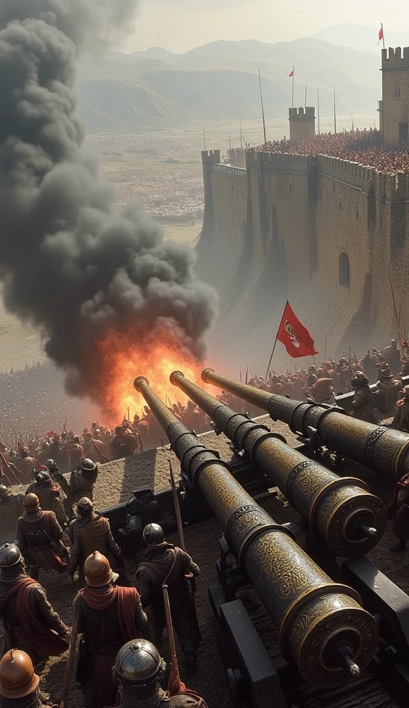 Ottoman soldiers setting up massive cannons and launching fiery projectiles at the walls. Smoke and flames rise as defenders scramble atop the ramparts.