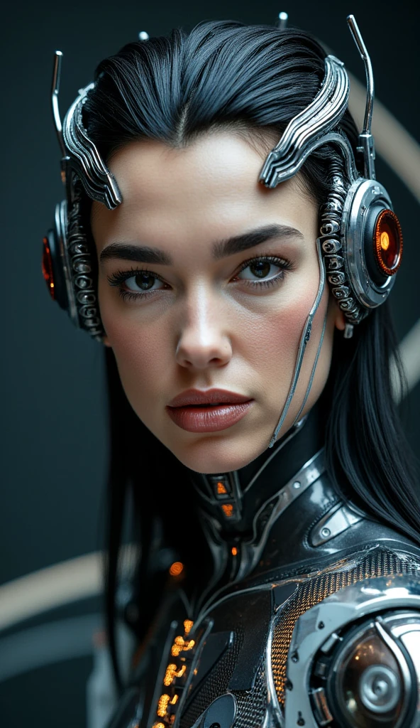 A highly detailed, realistic photo of a cybernetic woman. Her face is a seamless blend of human beauty and advanced technology, with metallic plates and glowing, intricate circuits integrated into her skin. Her eyes are striking that conveys intelligence and mystery. Delicate wires and biomechanical elements weave through her hair, styled sleekly to enhance her futuristic appearance. Her expression is confident and serene, emphasizing her humanity despite her cybernetic enhancements. The background is minimal and dark, with subtle futuristic light patterns, drawing full attention to the intricate details of her face and design. The overall image is hyper-realistic, with fine textures, soft lighting, and a cinematic atmosphere.