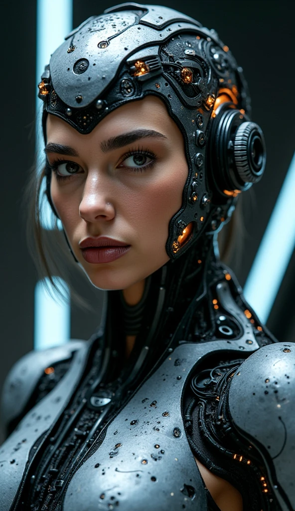 A highly detailed, realistic photo of a cybernetic woman. Her face is a seamless blend of human beauty and advanced technology, with metallic plates and glowing, intricate circuits integrated into her skin. Her eyes are striking that conveys intelligence and mystery. Delicate wires and biomechanical elements weave through her hair, styled sleekly to enhance her futuristic appearance. Her expression is confident and serene, emphasizing her humanity despite her cybernetic enhancements. The background is minimal and dark, with subtle futuristic light patterns, drawing full attention to the intricate details of her face and design. The overall image is hyper-realistic, with fine textures, soft lighting, and a cinematic atmosphere.