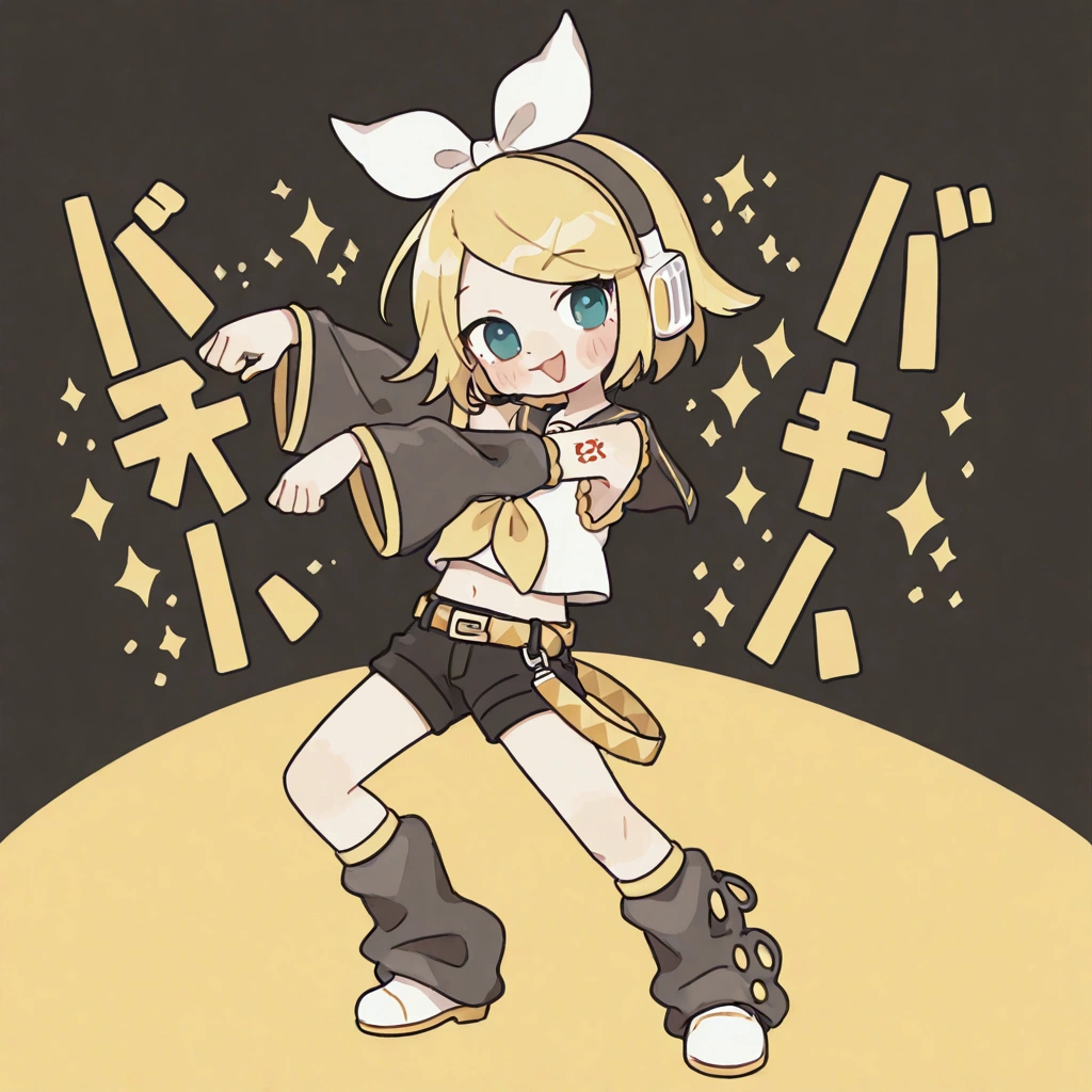 
KAGAMINE RIN\(vocaloid\),solo,1female\(cute,kawaii,KAGAMINE RIN\(vocaloid\),chibi,light yellow hair, short hair,red tattoo of numbers"02" on shoulder,(big white bow),sleeveless white shirt,detached black arm bell sleeves,(arm sleeves are black bell sleeves:1.2),belt,sailor collar,yellow wide tie,white headphones,black short pants,black knee high leg warmers,yellow key strap at belt,open shoulder,singing and dancing,(very cute pose:1.5),(korean idol pose:1.5),dynamic pose,(very cute big smile),dynamic action\). BREAK .background\(live stage,colorful confetti,pastel color spotlights,(many colorful music note signs),many audience waving yellow glow sticks,\). BREAK .quality\(8k,wallpaper of extremely detailed CG unit, high resolution, top-quality, top-quality real texture skin, hyper realistic, increase the resolution, RAW photos, best quality, highly detailed, the wallpaper, golden ratio, high saturation realism, vibrant colors, dramatic lighting, persuasive storytelling, atmospheric scenery, captivating visuals, intricate details, strong emotions, dreamlike world\)