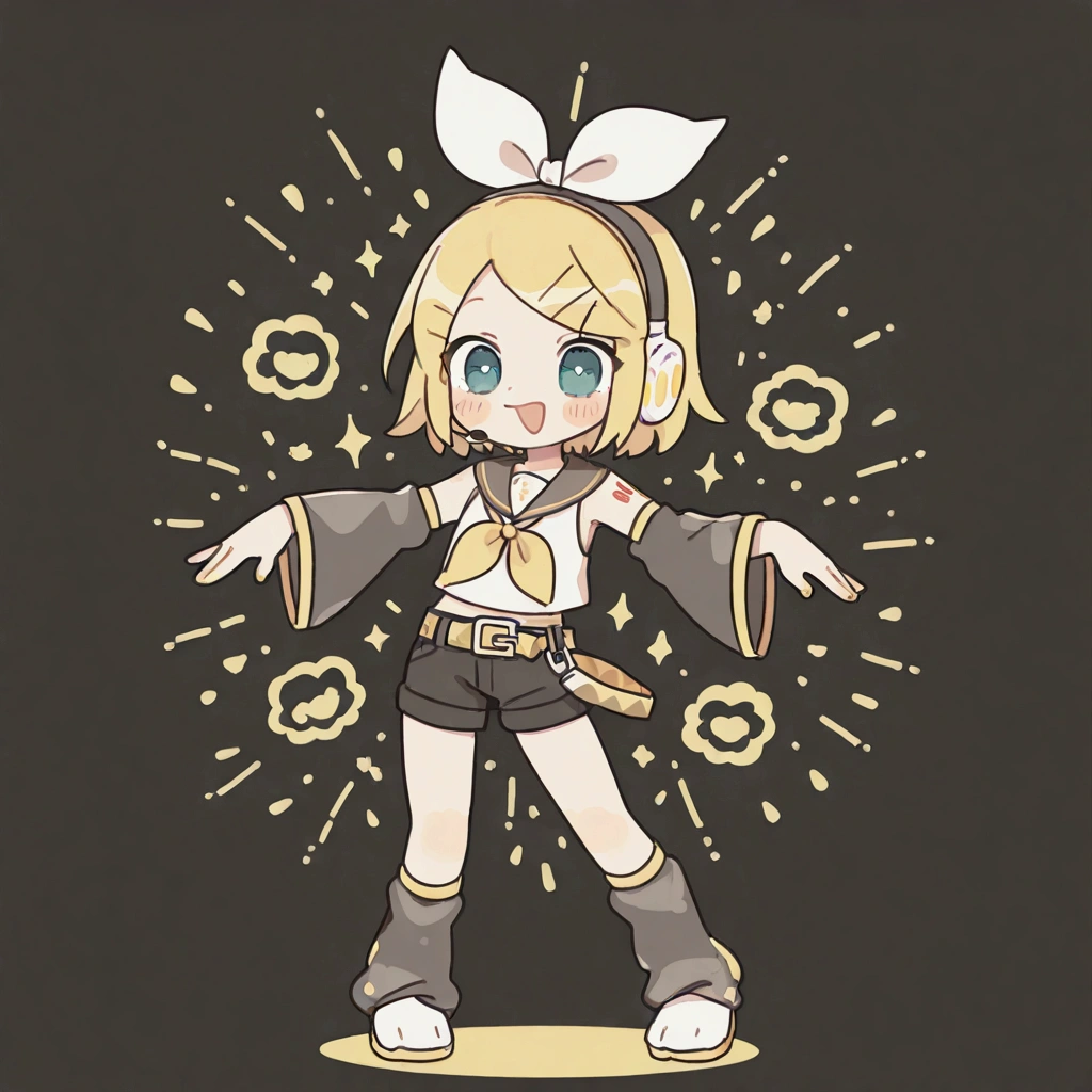 
KAGAMINE RIN\(vocaloid\),solo,1female\(cute,kawaii,KAGAMINE RIN\(vocaloid\),chibi,light yellow hair, short hair,red tattoo of numbers"02" on shoulder,(big white bow),sleeveless white shirt,detached black arm bell sleeves,(arm sleeves are black bell sleeves:1.2),belt,sailor collar,yellow wide tie,white headphones,black short pants,black knee high leg warmers,yellow key strap at belt,open shoulder,singing and dancing,(very cute pose:1.5),(korean idol pose:1.5),dynamic pose,(very cute big smile),dynamic action\). BREAK .background\(live stage,colorful confetti,pastel color spotlights,(many colorful music note signs),many audience waving yellow glow sticks,\). BREAK .quality\(8k,wallpaper of extremely detailed CG unit, high resolution, top-quality, top-quality real texture skin, hyper realistic, increase the resolution, RAW photos, best quality, highly detailed, the wallpaper, golden ratio, high saturation realism, vibrant colors, dramatic lighting, persuasive storytelling, atmospheric scenery, captivating visuals, intricate details, strong emotions, dreamlike world\)