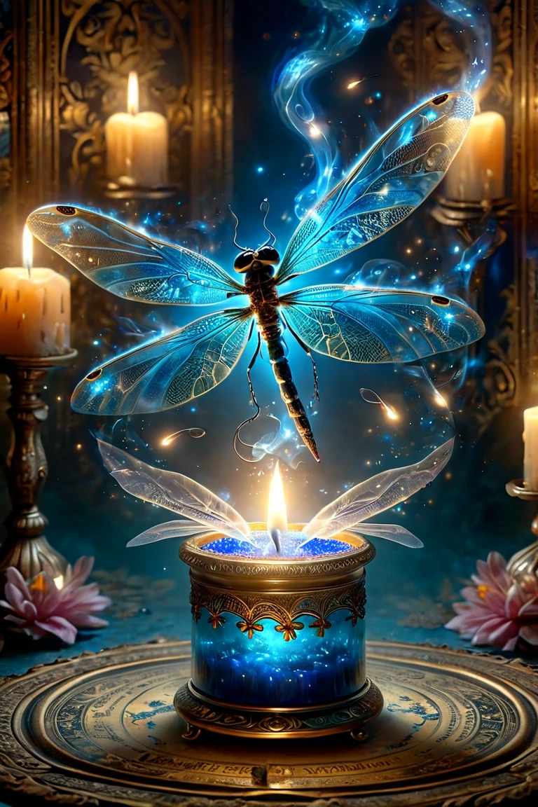 Made by AIS-RCN, 8k photo, "words, Like a dragonfly with wings of blue flame, Popping out of an antique candle, Turn thoughts into delicate works of art.", Supple, Side light, Dragonflies have two wings, one on each side、Fantastic colorful background