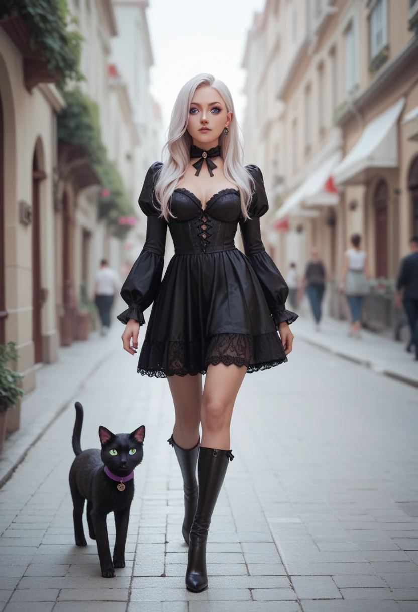 Black Cat,long-haired species,Purple eyes with iridescent irises,Round eyes, walking on two legs