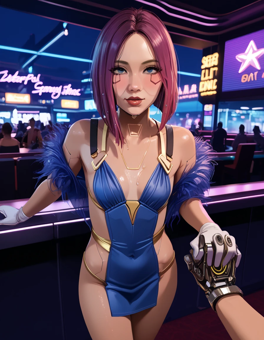 POV NSFW renders of songbird. fancy gold short dress, shapely legs,, pulling in close, ,grabbing the viewers hand, up close, pov, steam, blushing, ,  ,cyberware ., anime, female , , ,,Songbird,,, thighs,, , , (pixel sketcher:1.4),, masterpiece, handholding,    ,pale skin, detailed Bonifasko lighting, [crepuscular ray], best details, purple shorter hair,, real life,, , depth of field, detailed background], cyberpunk high society cocktail party, casino, city at night , fog,female focus, wet, ,skinny, ,pubic hair, hdark lighting, , solo, dirty textures, glowsticks flashing, . , female focus,, ,,  1girl, , .,female, (Songbird cyberpunk 2077 ), (Songbird:1.2), seductive gaze, femme, , ,,small breasts, ,breast sag , clear details, (, realistic textures, , gloves, , 1girl, one girl, 1girl,jiggle, , delicious shading, life-like rendering, cybernetics, back cybernetics, 
