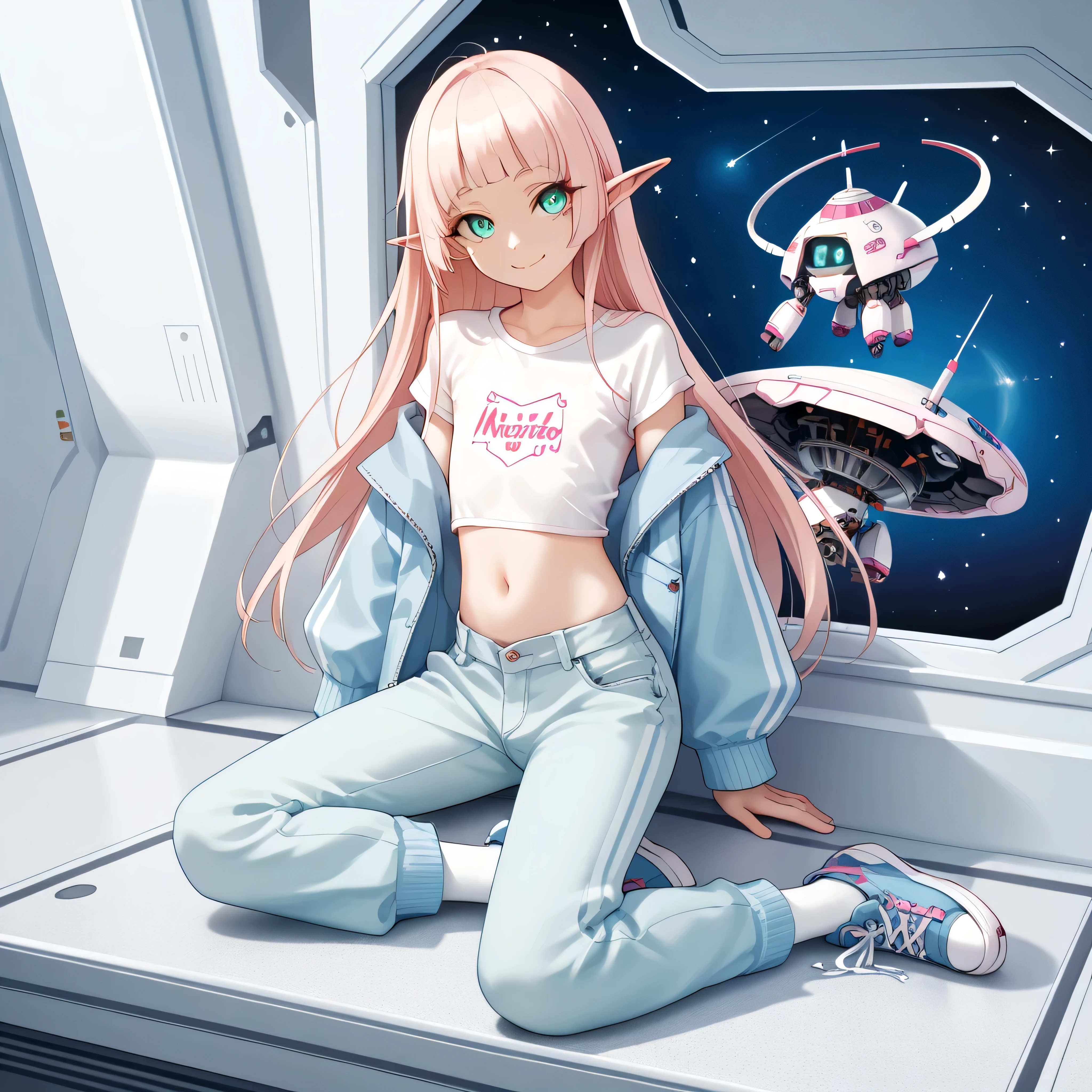 (((best quality))), (((masterpiece))), anime, space station(((a giant robot))), elf, 1 boy, otoko no ko, femboy, ars old,  light_pink_longhair, turquoise_eyes, crossdressing, casual jacket, t-shirt, short pants, focus navel, detached kneehighs, sneakers, space style wear, flat chest,  looking at viewer, non censored, light smile, matured, fullbody