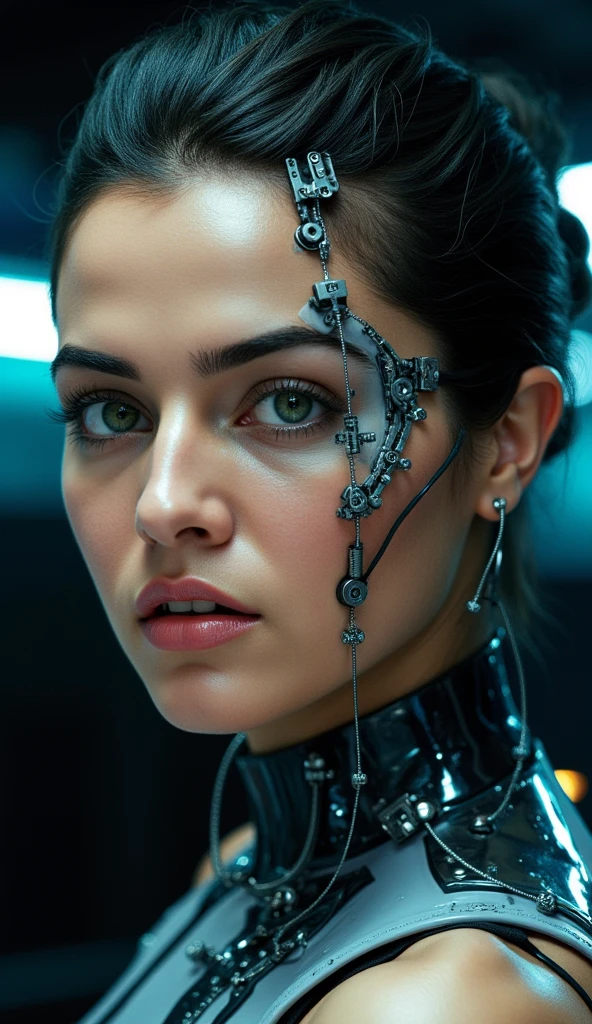 A highly detailed, realistic photo of a cybernetic woman. Her face is a seamless blend of human beauty and advanced technology, with metallic plates and glowing, intricate circuits integrated into her skin. Her eyes are striking that conveys intelligence and mystery. Delicate wires and biomechanical elements weave through her hair, styled sleekly to enhance her futuristic appearance. Her expression is confident and serene, emphasizing her humanity despite her cybernetic enhancements. The background is minimal and dark, with subtle futuristic light patterns, drawing full attention to the intricate details of her face and design. The overall image is hyper-realistic, with fine textures, soft lighting, and a cinematic atmosphere.