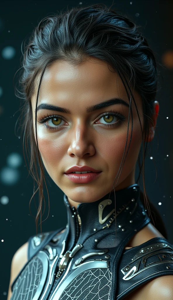 A highly detailed, realistic photo of a cybernetic woman. Her face is a seamless blend of human beauty and advanced technology, with metallic plates and glowing, intricate circuits integrated into her skin. Her eyes are striking that conveys intelligence and mystery. Delicate wires and biomechanical elements weave through her hair, styled sleekly to enhance her futuristic appearance. Her expression is confident and serene, emphasizing her humanity despite her cybernetic enhancements. The background is minimal and dark, with subtle futuristic light patterns, drawing full attention to the intricate details of her face and design. The overall image is hyper-realistic, with fine textures, soft lighting, and a cinematic atmosphere.