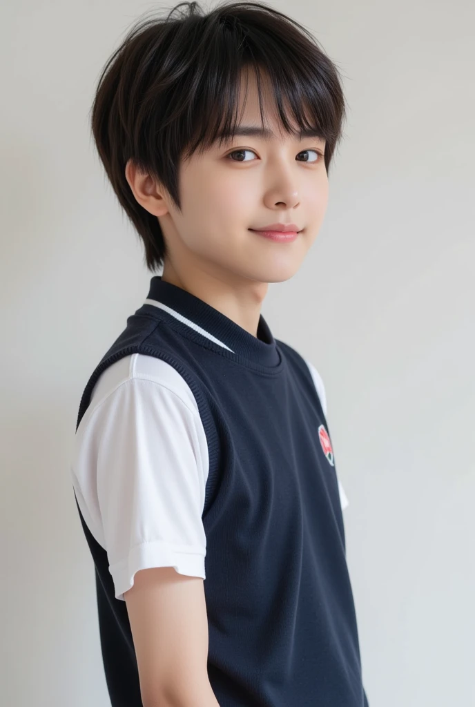 handsome mix korean japanese ten year old, boy, short black hair, black detailed eyes, gentle smile, sharp eyebrows, round face, cool, detailed face, small nose, in full school uniform, side profile, wearing black sport shoes, (((full body)))