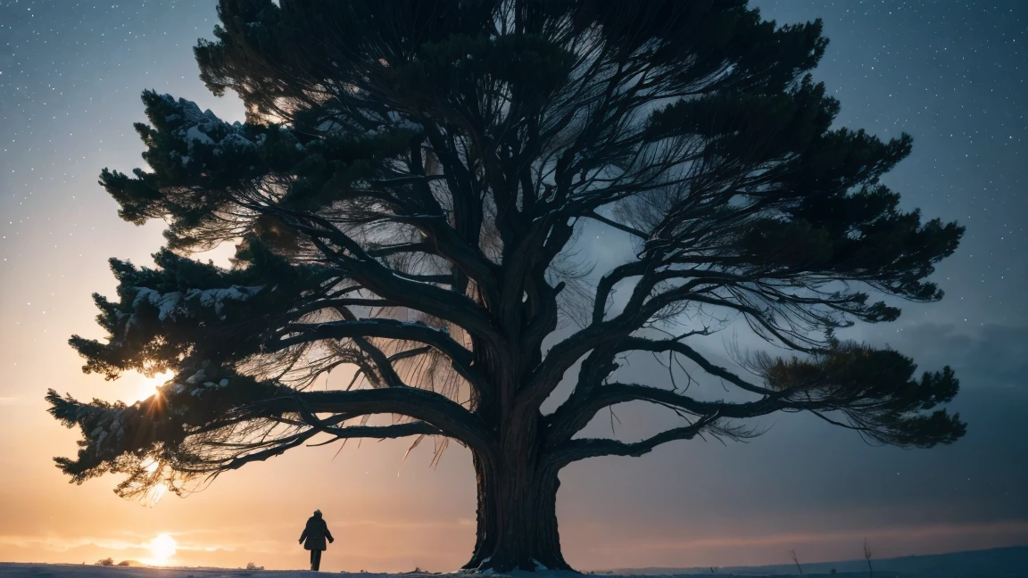  Sephiroth tree with a winter tree in the background, huge , in the winter forest, photo,  high quality ,  masterpiece fails 